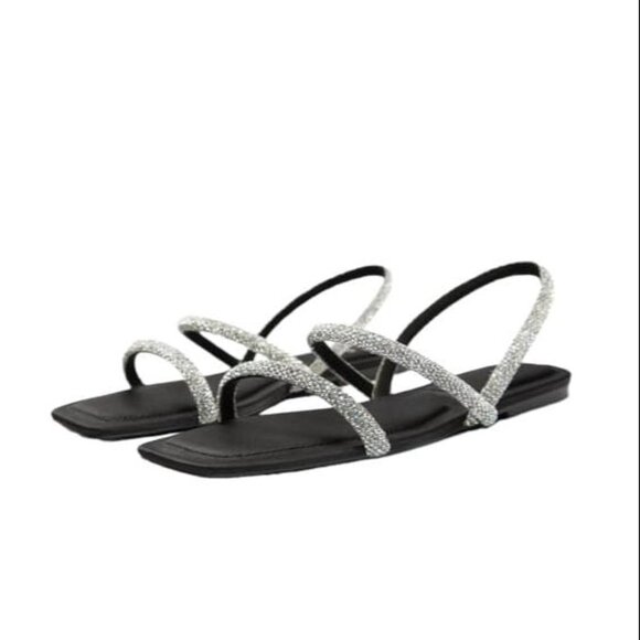 ZARA FLAT SANDALS WITH RHINESTONES BLACK SIZE 10 | 1613/110 - Picture 1 of 10